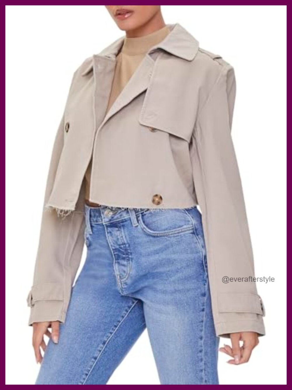 Cropped Double-Breasted Twill Jacket Long Sleeve Trench Coat